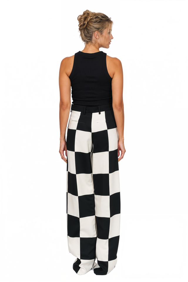 Valentino Checkerboard Wide-Leg Trousers in Black & Ivory
