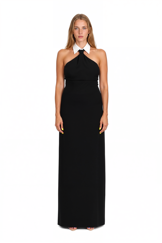 Valentino black crepe column gown with white shirt collar and knotted halter – front view