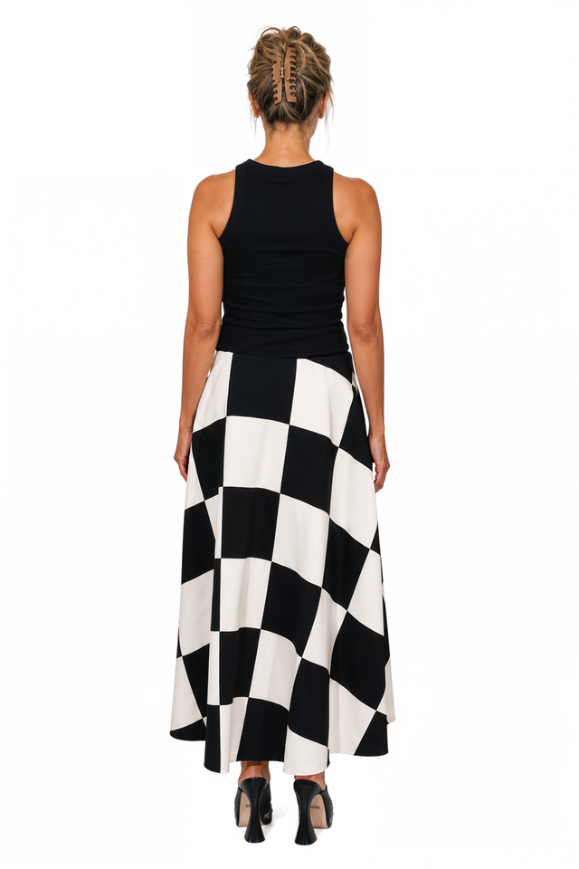 Valentino Checkerboard A-Line Maxi Skirt in Black & Ivory