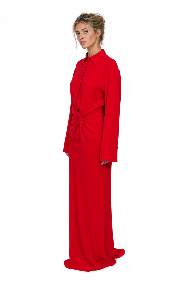 Valentino Knot-Detail Shirt Maxi Gown in Vibrant Red