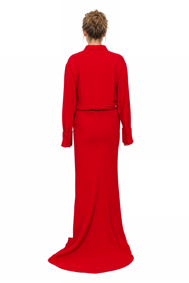 Valentino Knot-Detail Shirt Maxi Gown in Vibrant Red