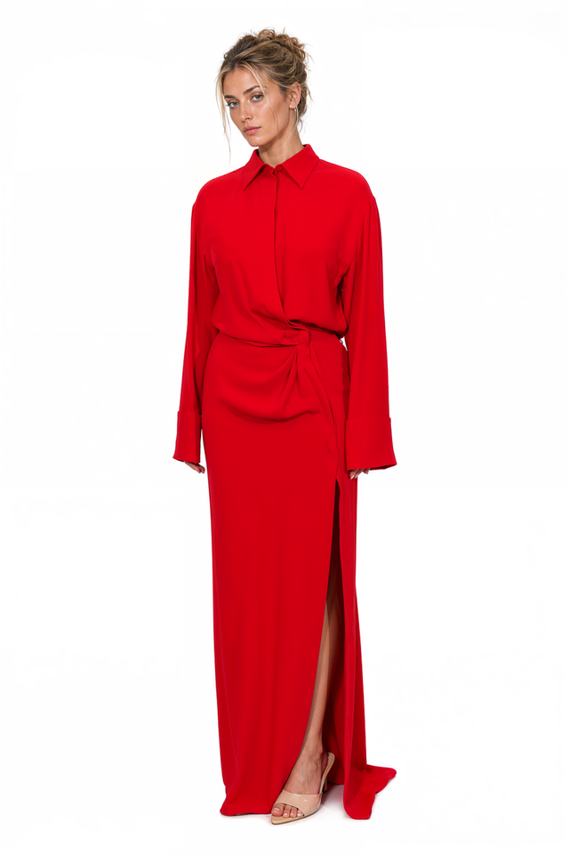 Valentino Knot-Detail Shirt Maxi Gown in Vibrant Red
