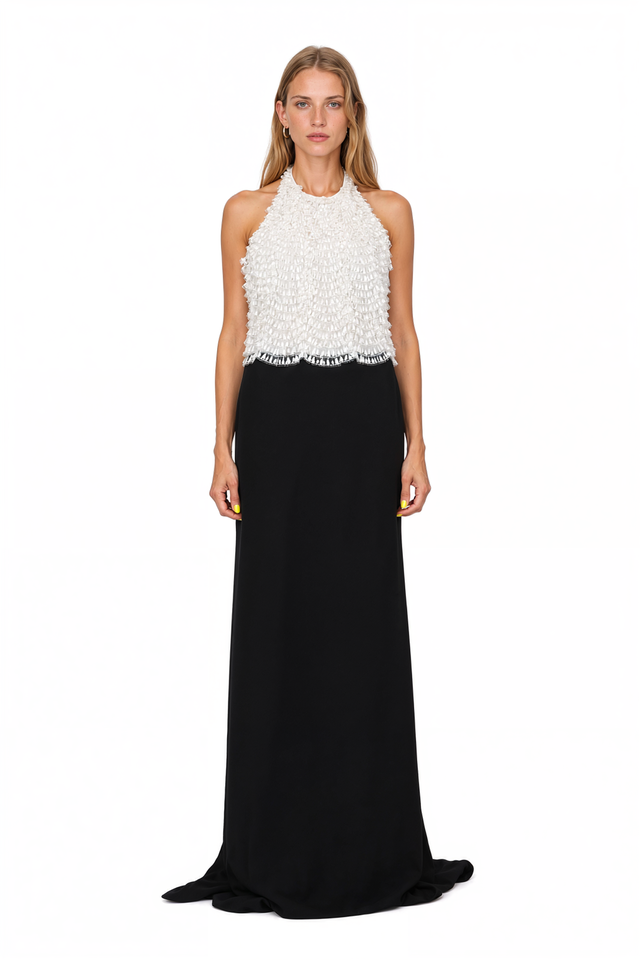Valentino gown with ivory ruffled halter bodice and black crepe skirt – front view
