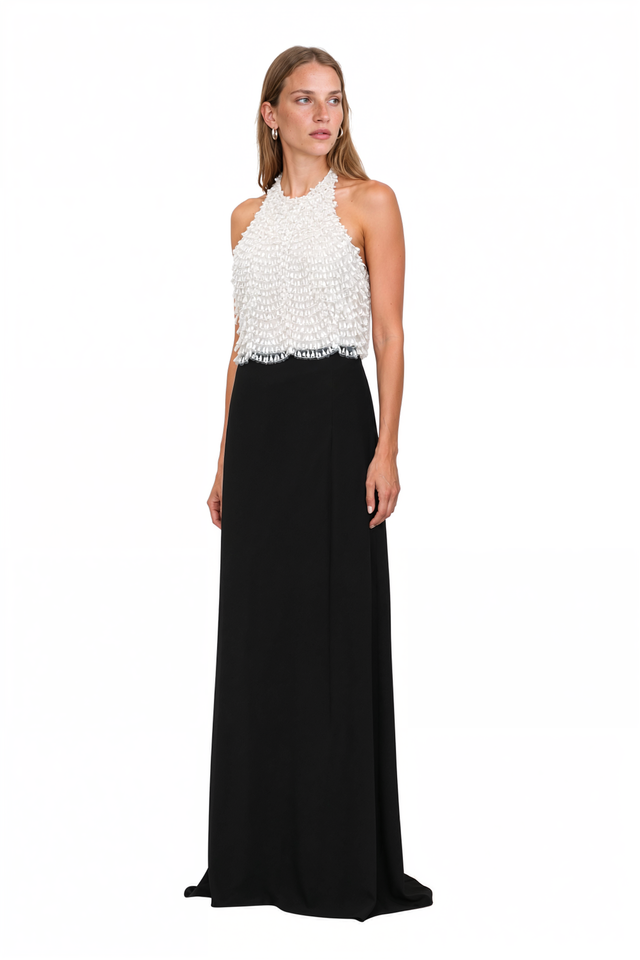 Side view of a Valentino black and ivory ruffled bodice column gown
