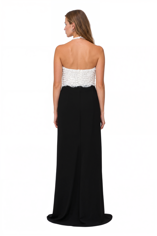 Back view of a Valentino halter gown with bare back and black crepe skirt