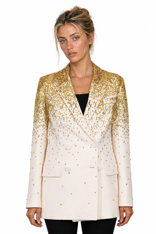 Valentino Gold Beaded Gradient Ombré Double-Breasted Wool Blazer in Cream & Gold