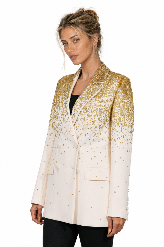 Valentino Gold Beaded Gradient Ombré Double-Breasted Wool Blazer in Cream & Gold