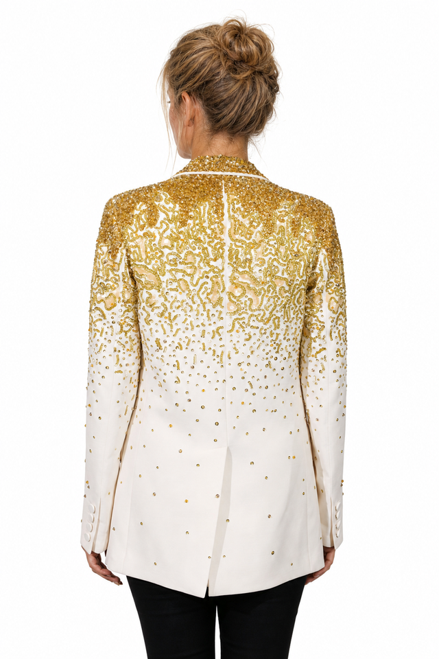 Valentino Gold Beaded Gradient Ombré Double-Breasted Wool Blazer in Cream & Gold