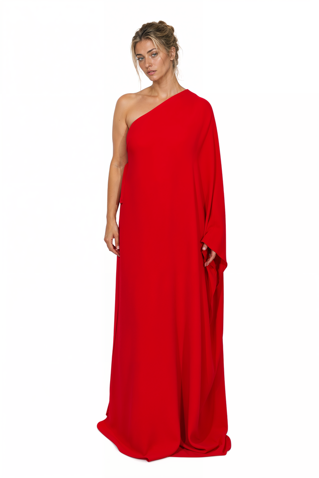 Valentino One-Shoulder Cape Maxi Dress in Valentino Red
