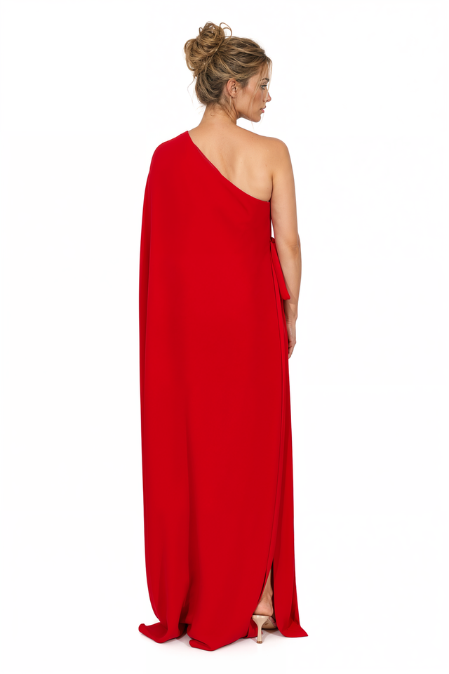 Valentino One-Shoulder Cape Maxi Dress in Valentino Red