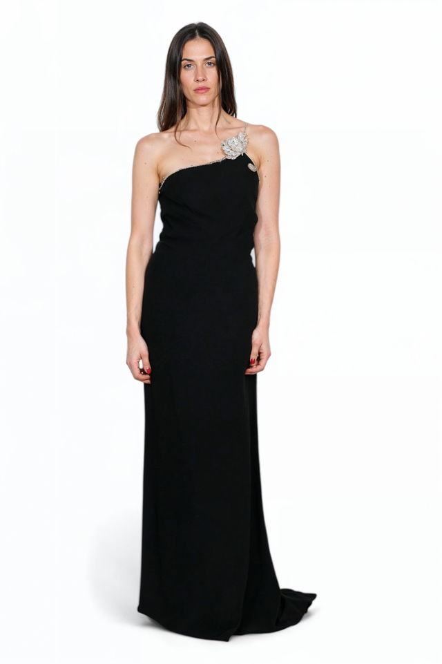 Valentino One-Shoulder Black Gown with Crystal Embellishment