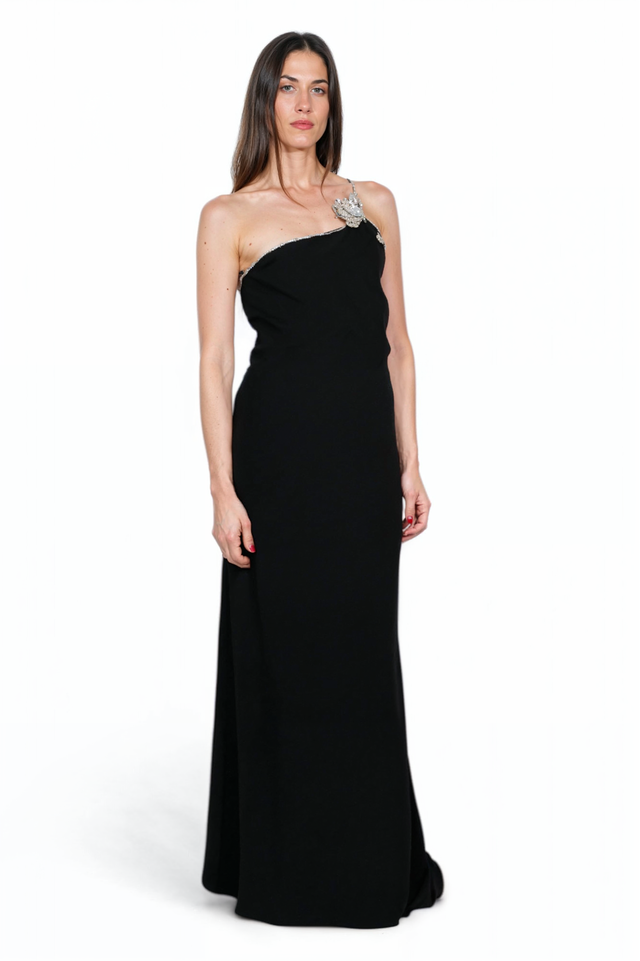 Valentino One-Shoulder Black Gown with Crystal Embellishment