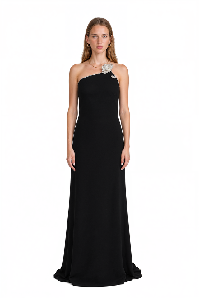 Valentino black one-shoulder gown with crystal embellishment – front view
