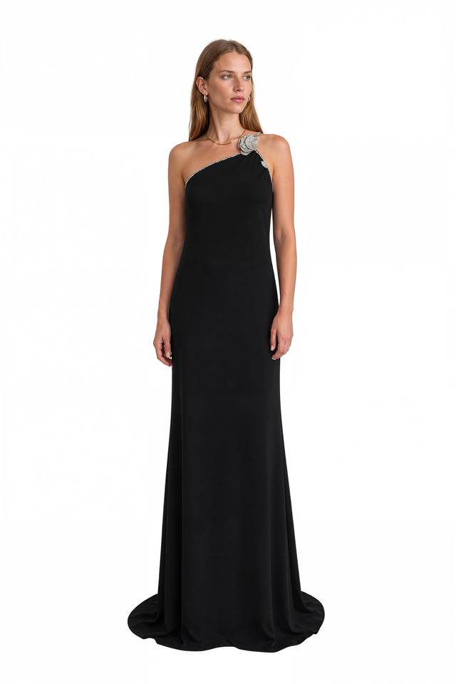 Side view of a Valentino black one-shoulder crystal-embellished gown