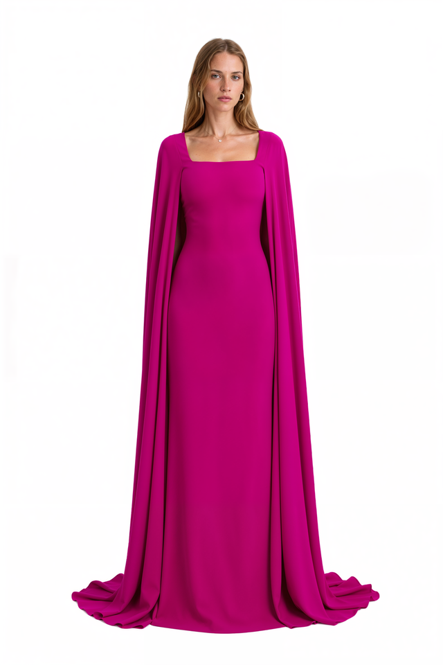 Front view of Valentino magenta silk column gown with square neckline and attached full-length cape