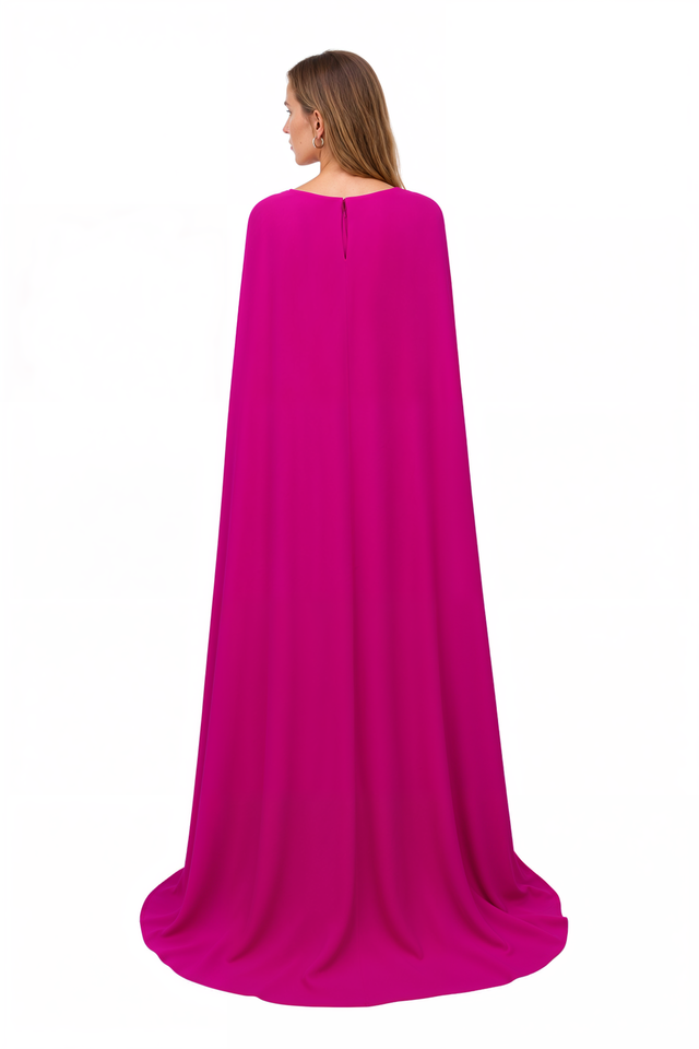 Back view of Valentino magenta silk column gown with full-length cape