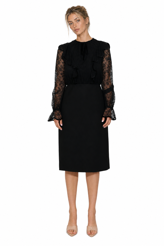 Valentino Garavani Lace-Sleeve Ruffle Knee-Length Dress