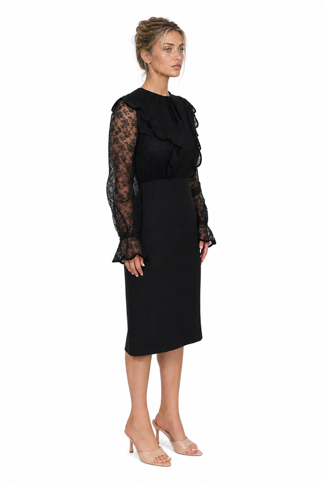 Valentino Garavani Lace-Sleeve Ruffle Knee-Length Dress