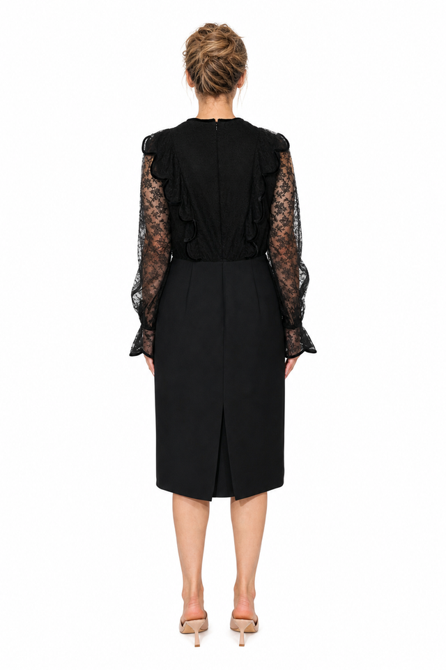 Valentino Garavani Lace-Sleeve Ruffle Knee-Length Dress
