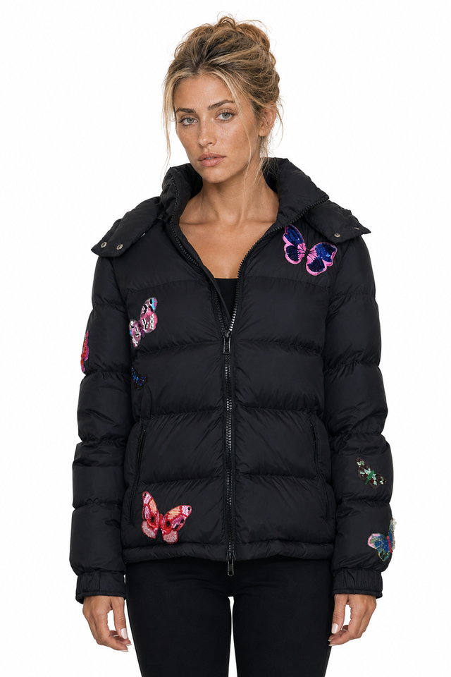 Valentino Sequin Butterfly Embroidered Down Puffer Jacket in Jet Black