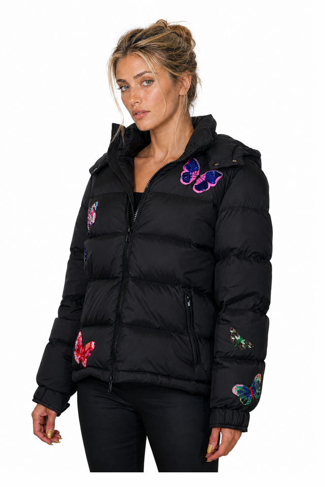 Valentino Sequin Butterfly Embroidered Down Puffer Jacket in Jet Black