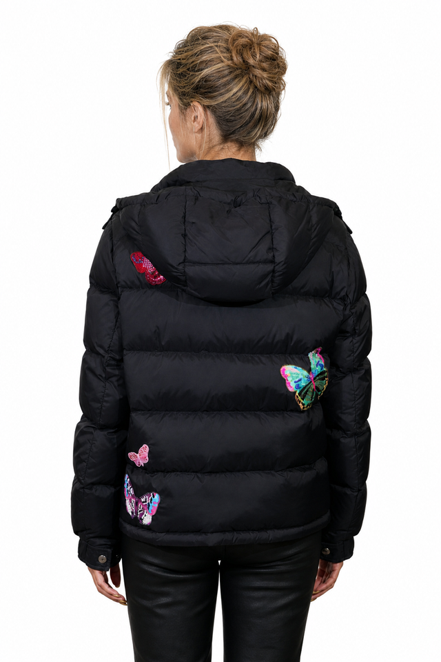 Valentino Sequin Butterfly Embroidered Down Puffer Jacket in Jet Black