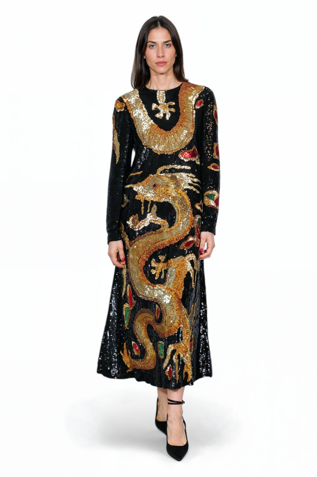 Valentino Black Sequin Dragon-Embroidered Long-Sleeve Dress