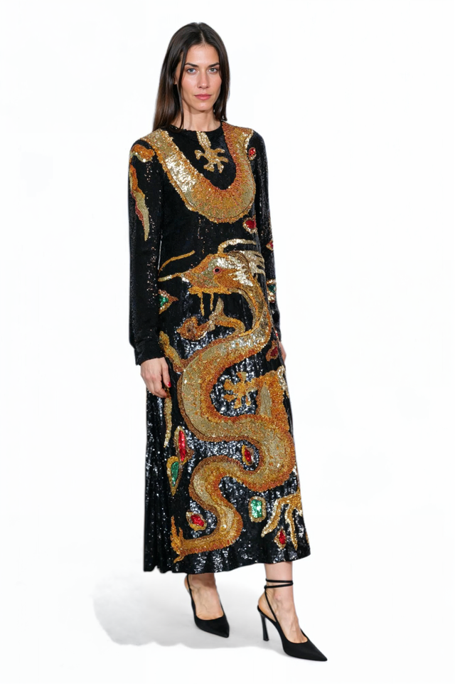 Valentino Black Sequin Dragon-Embroidered Long-Sleeve Dress