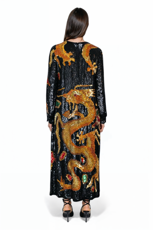 Valentino Black Sequin Dragon-Embroidered Long-Sleeve Dress