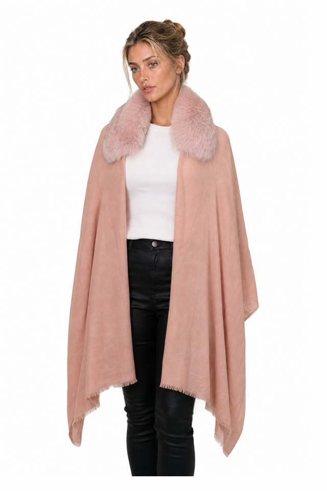 Valentino Fox Fur Collar Cashmere-Wool Fringe Cape Wrap in Dusty Rose Pink & Crimson Red