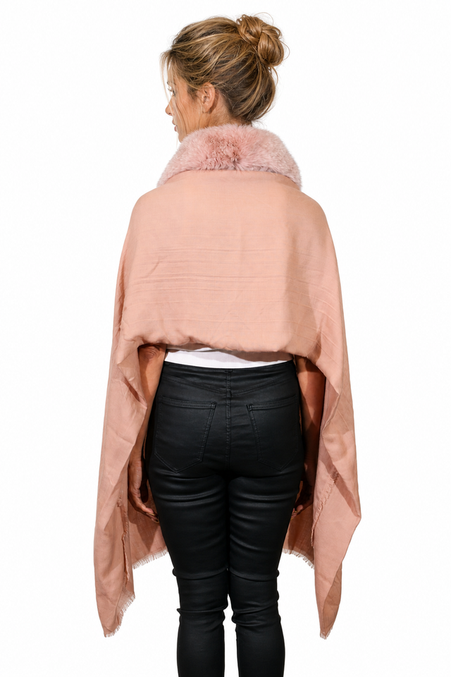 Valentino Fox Fur Collar Cashmere-Wool Fringe Cape Wrap in Dusty Rose Pink & Crimson Red