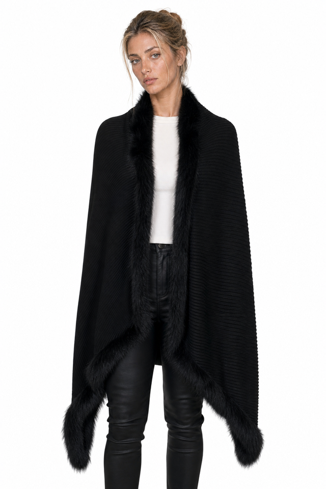 Valentino Pleated Knit & Mink Fur-Trimmed Handkerchief Cape Wrap in Emerald Green & Jet Black