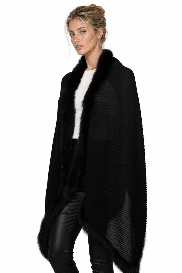 Valentino Pleated Knit & Mink Fur-Trimmed Handkerchief Cape Wrap in Emerald Green & Jet Black