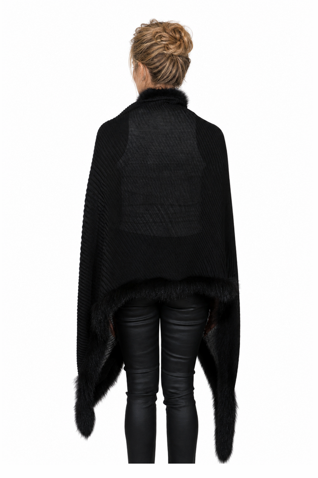 Valentino Pleated Knit & Mink Fur-Trimmed Handkerchief Cape Wrap in Emerald Green & Jet Black