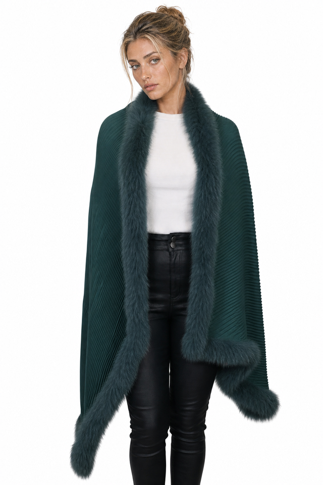 Valentino Pleated Knit & Mink Fur-Trimmed Handkerchief Cape Wrap in Emerald Green & Jet Black