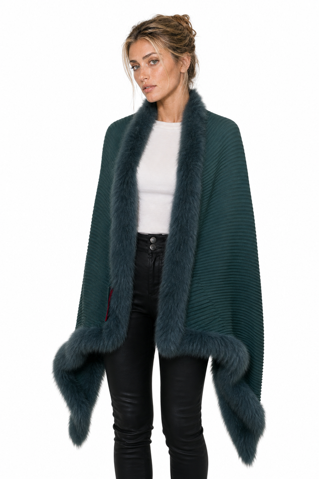 Valentino Pleated Knit & Mink Fur-Trimmed Handkerchief Cape Wrap in Emerald Green & Jet Black