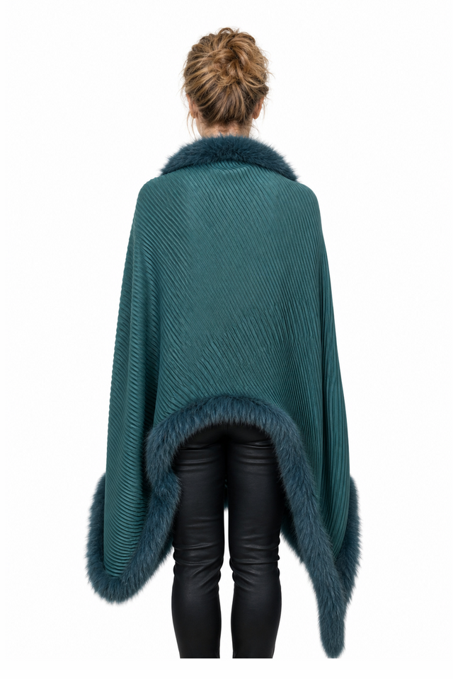 Valentino Pleated Knit & Mink Fur-Trimmed Handkerchief Cape Wrap in Emerald Green & Jet Black