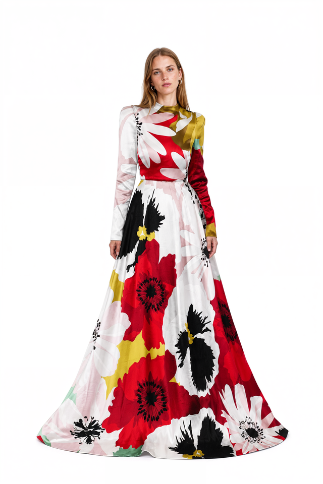 Valentino floral print silk satin A-line gown in red, yellow, pink and black with long sleeves