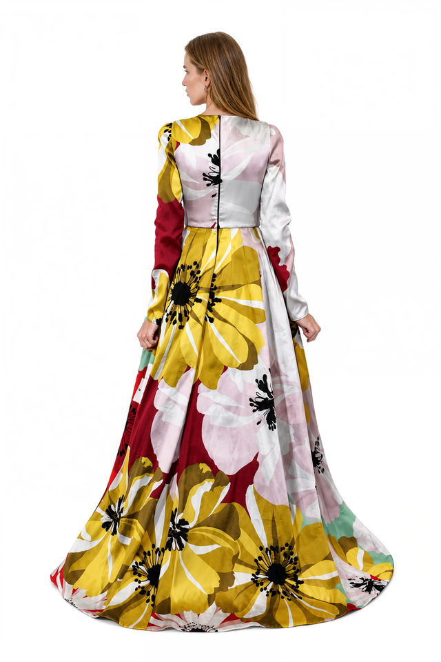 Valentino floral print silk satin A-line gown in red, yellow, pink and black with long sleeves