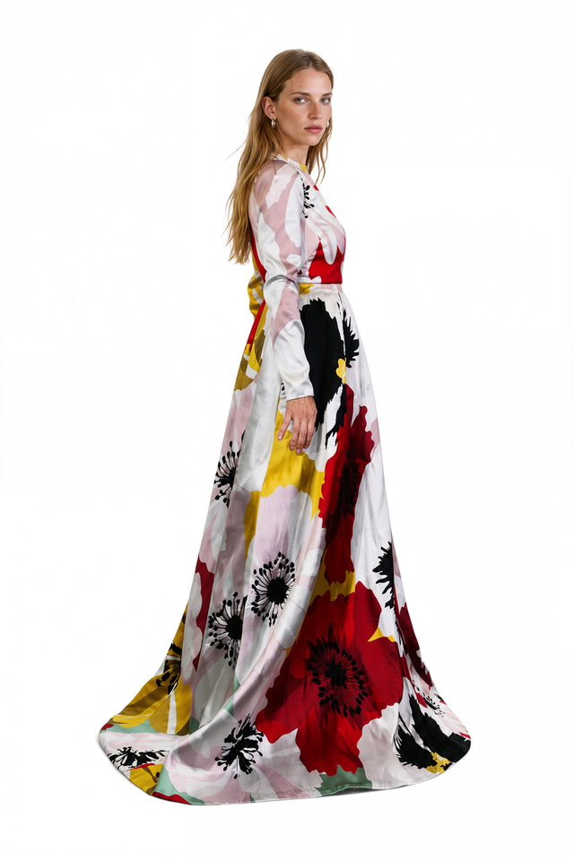 Valentino floral print silk satin A-line gown in red, yellow, pink and black with long sleeves