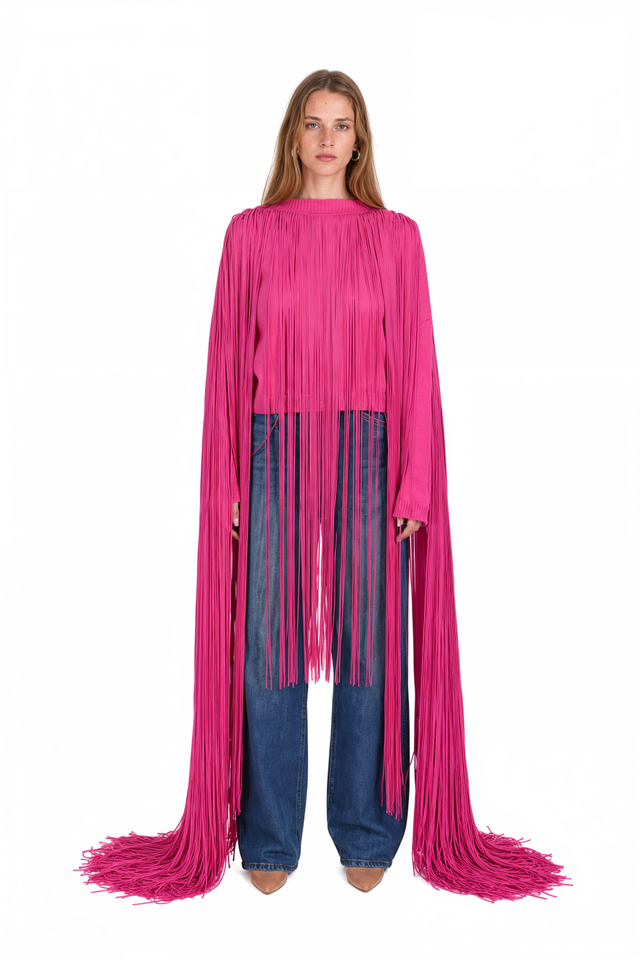 Valentino Long Fringe Silk Knit Sweater in fuchsia pink with floor-length yarn fringe