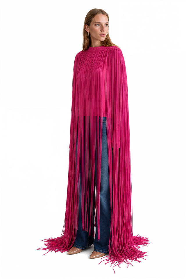 Valentino Long Fringe Silk Knit Sweater in fuchsia pink with floor-length yarn fringe