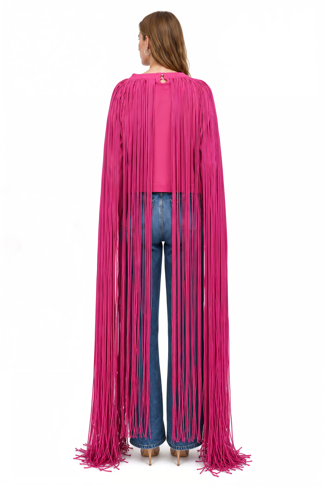 Valentino Long Fringe Silk Knit Sweater in fuchsia pink with floor-length yarn fringe