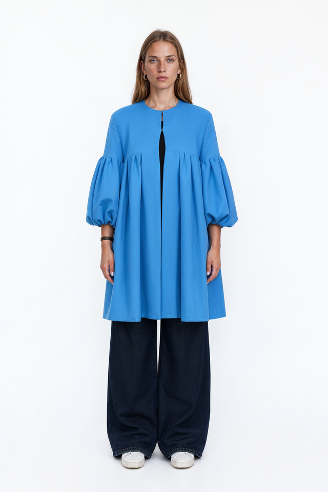 Valentino blue swing coat with balloon sleeves and gathered yoke – front view