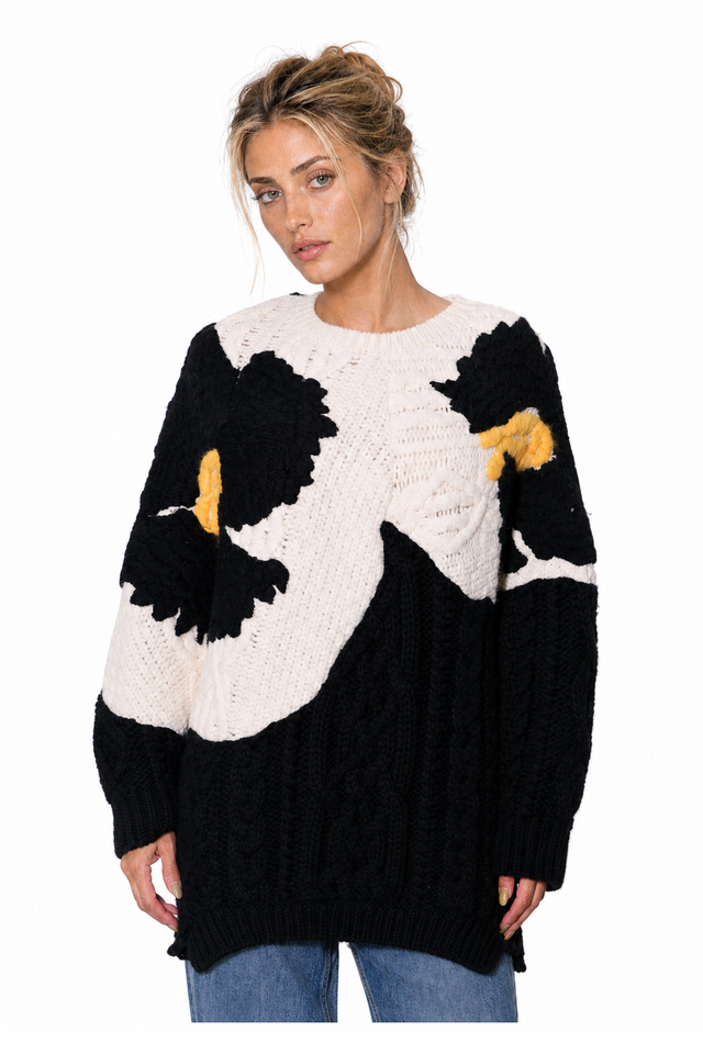 Valentino Women's Chunky Floral Cable-Knit Oversized Sweater in Black & Off-White