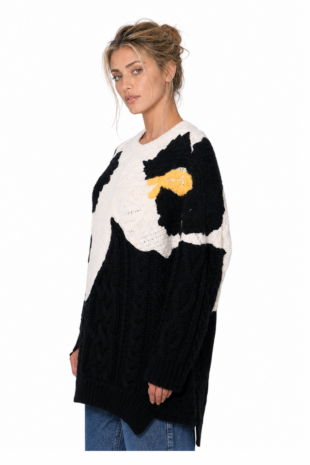 Valentino Women's Chunky Floral Cable-Knit Oversized Sweater in Black & Off-White
