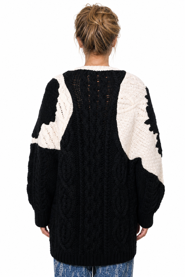 Valentino Women's Chunky Floral Cable-Knit Oversized Sweater in Black & Off-White