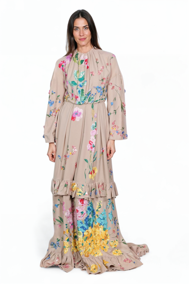 Valentino Beige Floral Embroidered Gown with Ruffle Hem