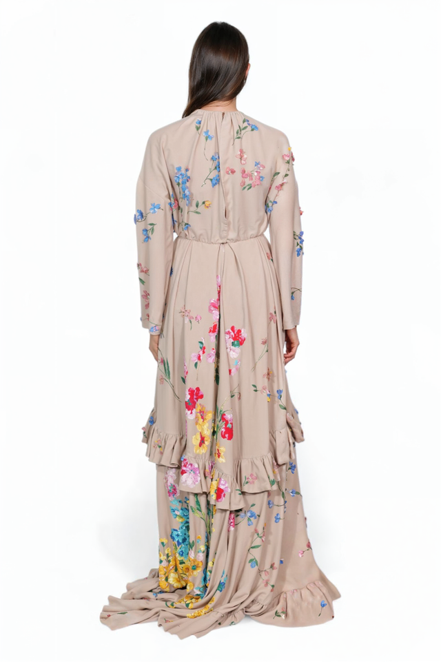 Valentino Beige Floral Embroidered Gown with Ruffle Hem