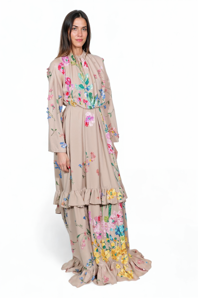 Valentino Beige Floral Embroidered Gown with Ruffle Hem